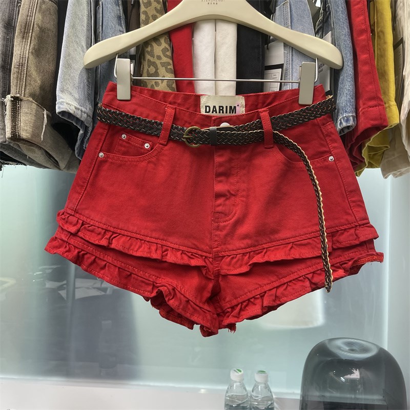 大红色牛仔短裙2025夏季新款木耳荷叶边拼接甜美辣妹A字阔脚热裤
