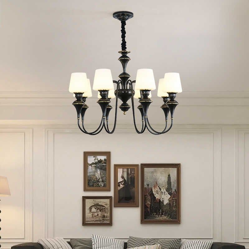 简约美式吊灯全铜玻璃罩客厅餐厅书房卧室三头6头北欧中古风灯具