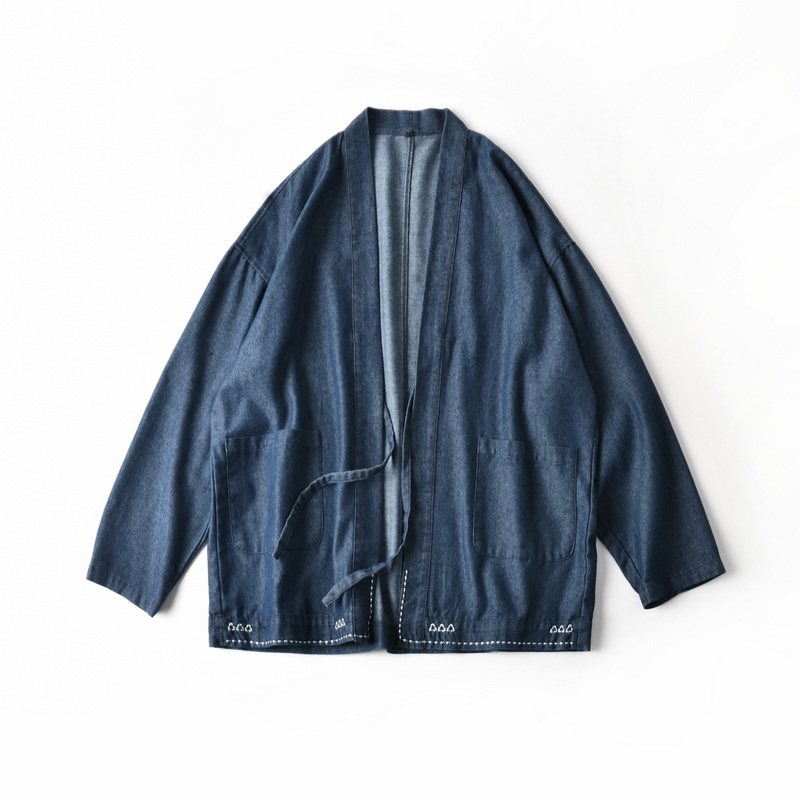 外贸日单全棉水洗宽松刺绣V领薄款牛仔道袍夹克外套男春季潮0947