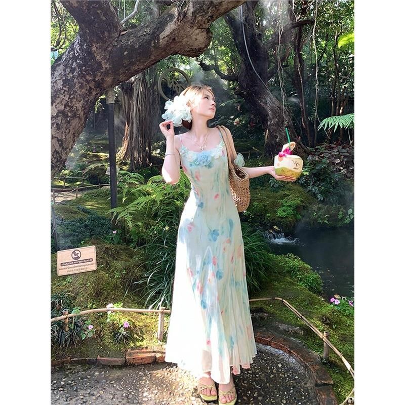 法式纯欲碎花吊带连衣裙子女高级感收腰气质海边度假鱼尾长裙夏季