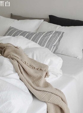 六月雨白[透白]j诧寂40支纯全棉肌理双层纱白色四季床上床单四件