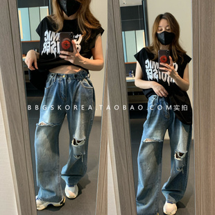 不挑人百搭调节扣破洞宽松老爹牛仔裤 现货2024新款 大码 夏季 春季