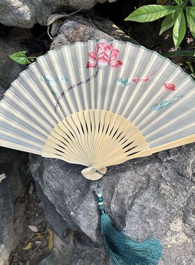 苏州双面刺绣折扇中国风女士玉竹小扇子真丝折叠S舞蹈扇汉服旗袍