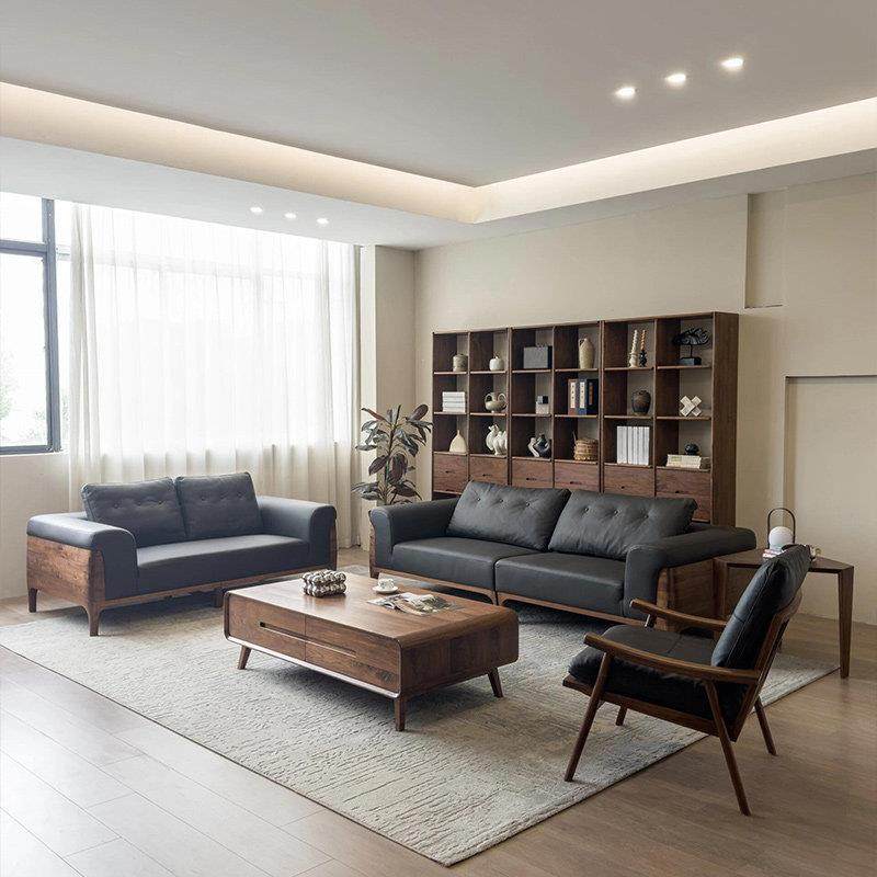 新中式实木沙发2025新款高端北美黑胡桃木真皮沙发组合客厅会客厅