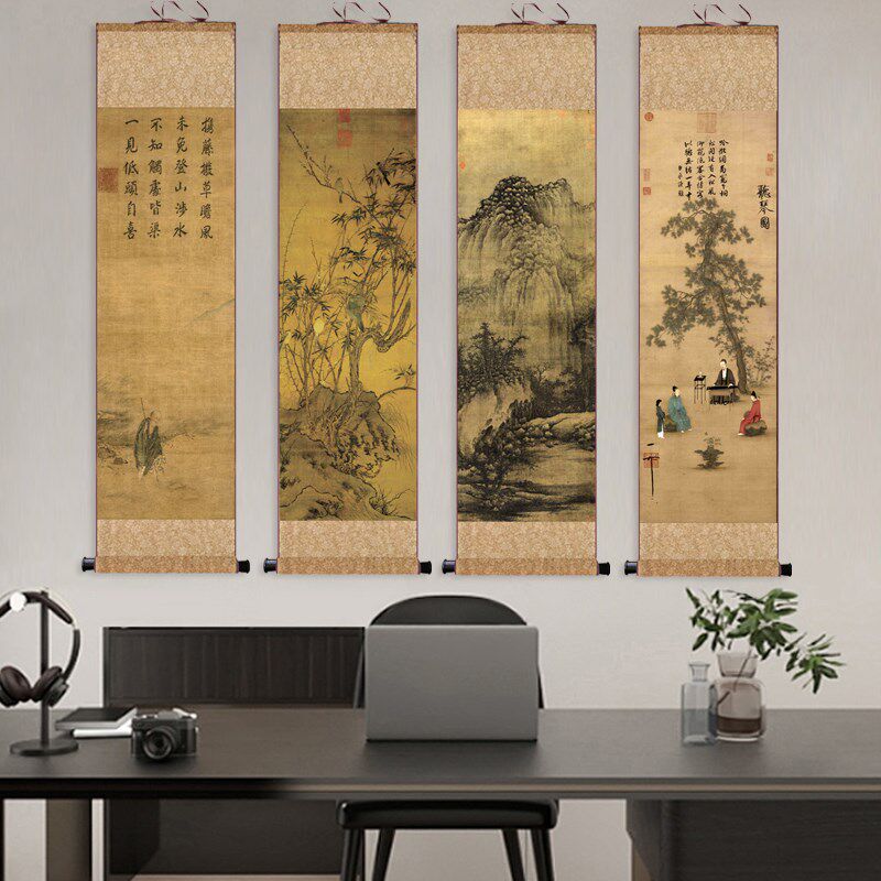 宋代细长字画仿古山水画听琴图名人名家卷轴画丝绢卷轴画送老外画