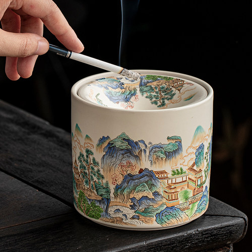 山水雅居汝窑烟灰缸带盖防飞灰