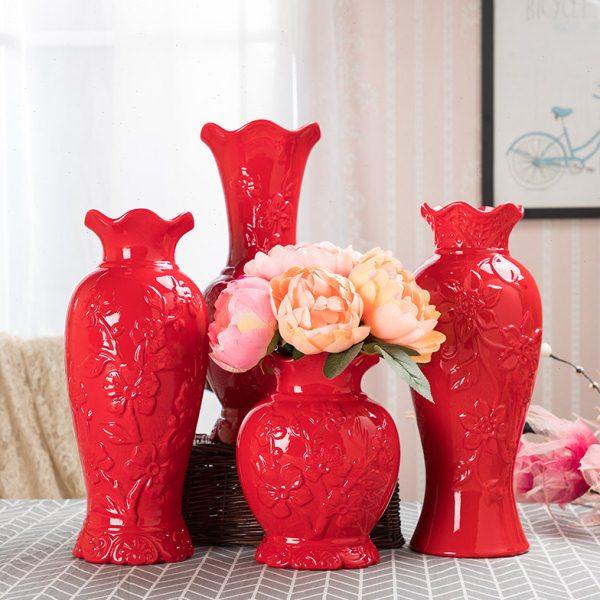 红色结婚花瓶 喜庆送礼陶瓷花瓶 简约家居新房婚房装饰花器中国红