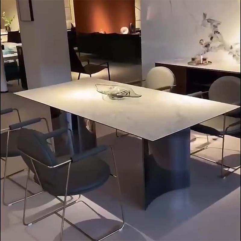 意式极简岩板餐桌椅不锈钢饭桌家用大户I型高端吃饭桌创意长方形