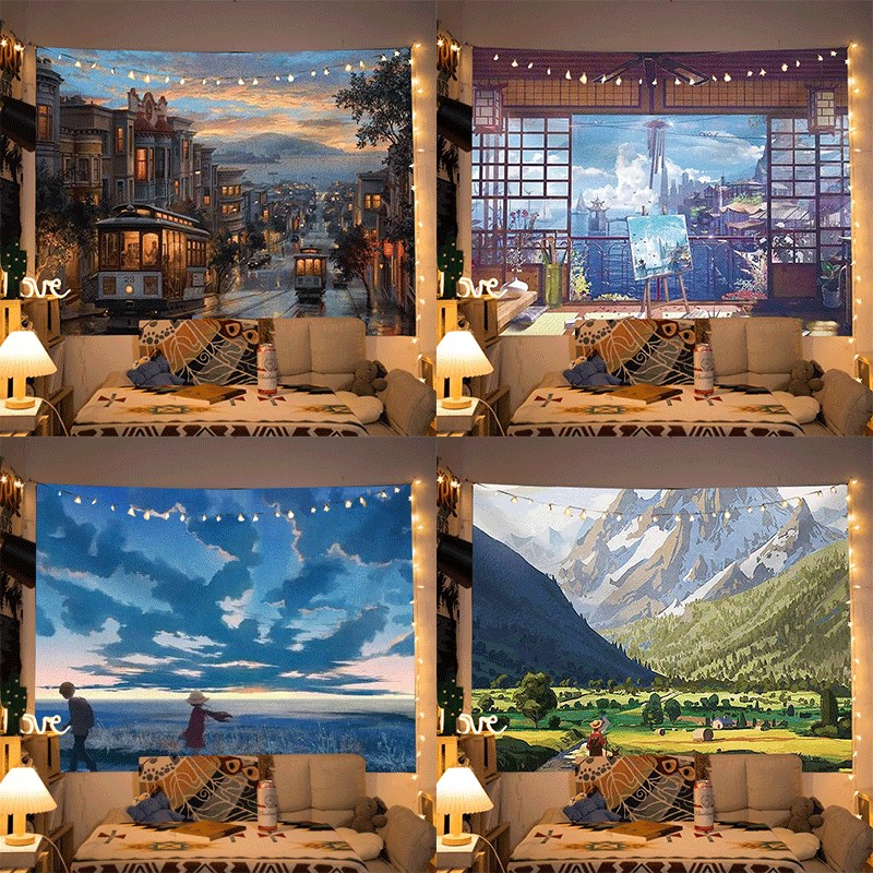 日系牀头背景墙装饰m挂布卧室宿舍墙面风景画布客厅布置墙布挂毯