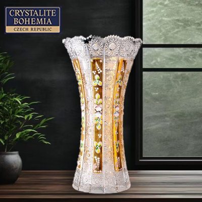捷克进口BOHEMIA水晶玻璃手工描金花彩色珐琅花居家装饰摆件