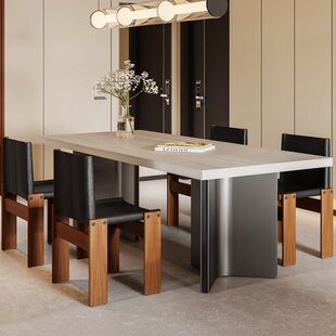 意式简约现代复古洞石岩板中古风大户型餐桌椅组合长方形岛台茶桌