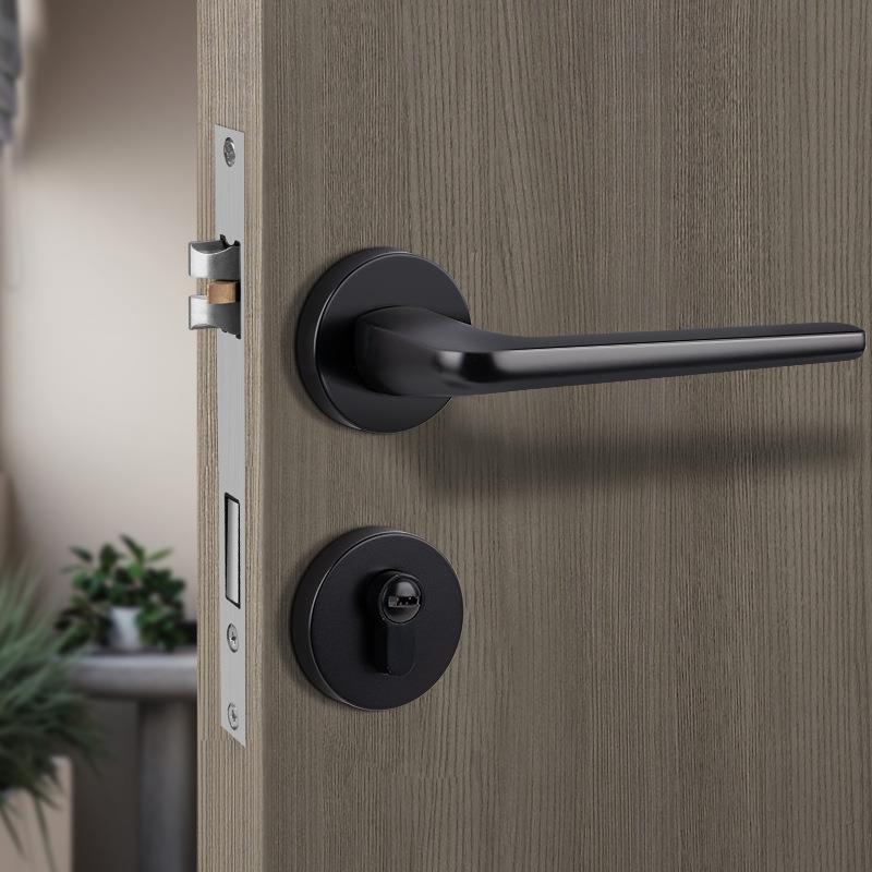 黑色锌合金房门锁室内卧室磁吸锁分体静音木门锁门把手