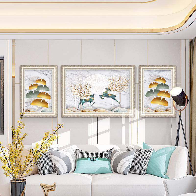 客厅沙发背景挂画简欧轻奢墙面组合画麋鹿装饰画家用欧式三联画
