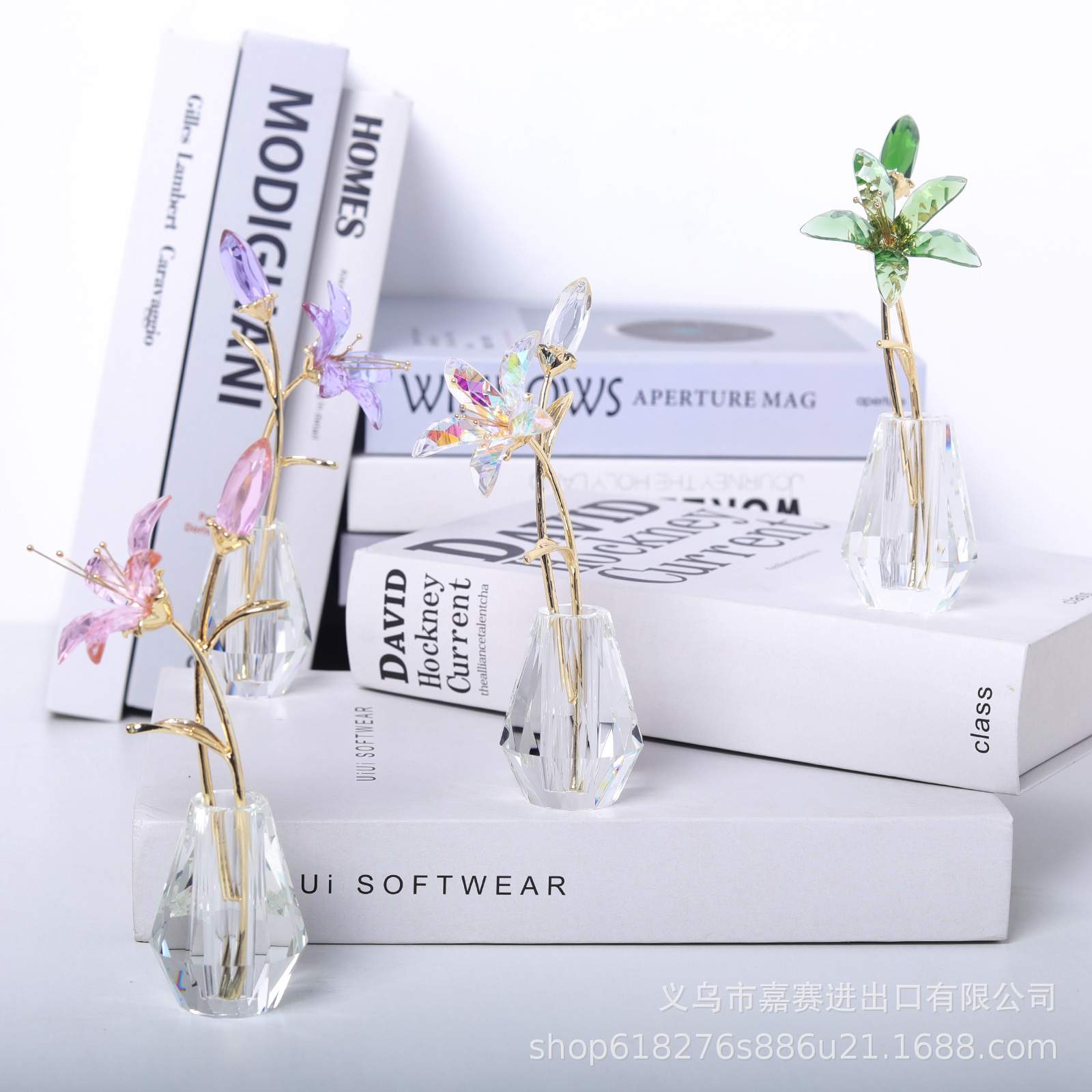 简约古典风格水晶工艺品桌面客厅摆件七彩色鲜花迷你百合花带花瓶