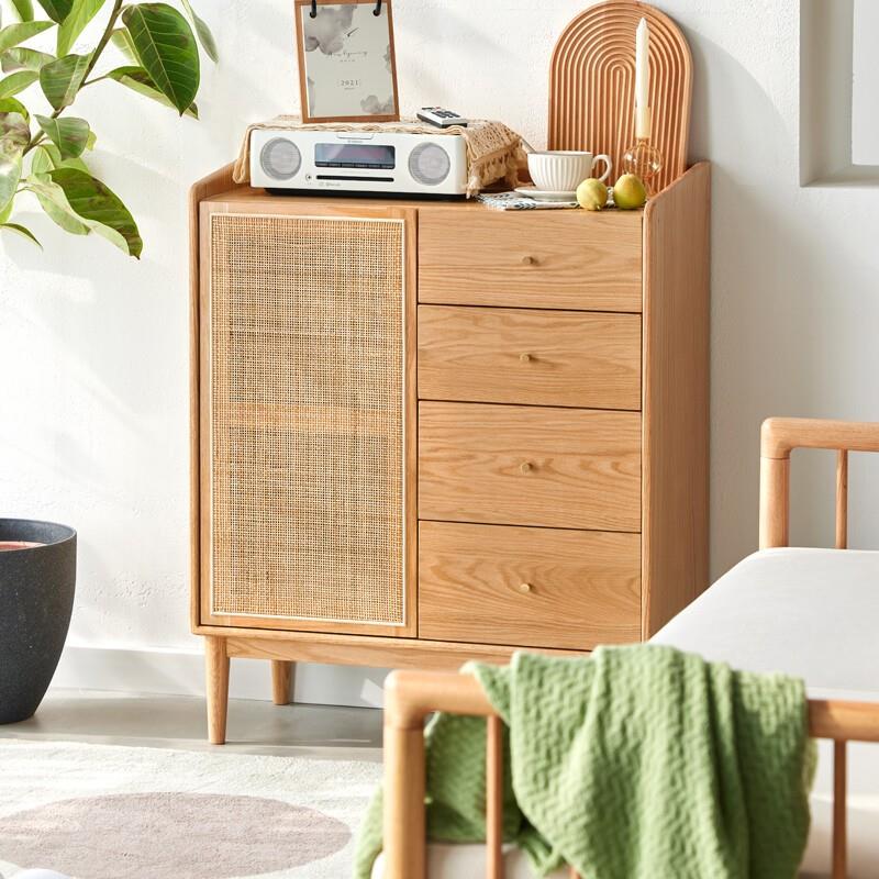 实木藤编五斗柜北欧橡木收纳柜现代简约卧室储物柜B3