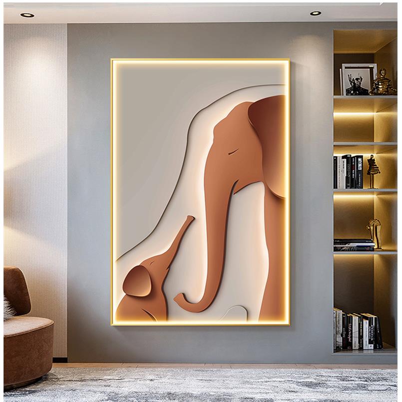 大象客厅装饰画高档轻奢带led壁灯画沙发背景落地画简约玄关挂画
