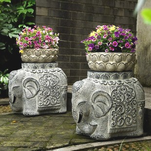 庭院门口石墩子门墩花园装饰花盆底座大门口镇宅招财复古大象摆件