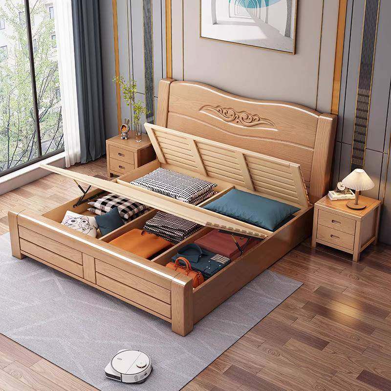 新款榉木实木双人床1.实8米.木床151561米储现代简约高物箱主卧全