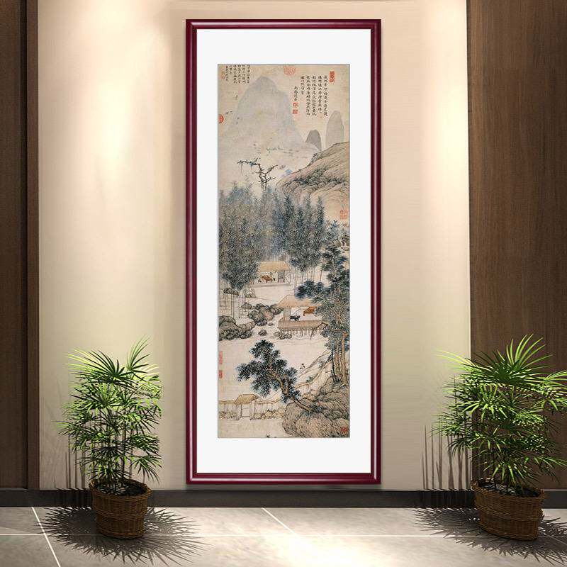 赵佶听琴图国画新中式玄关装饰画客厅书房茶室水墨竖版挂画实木框