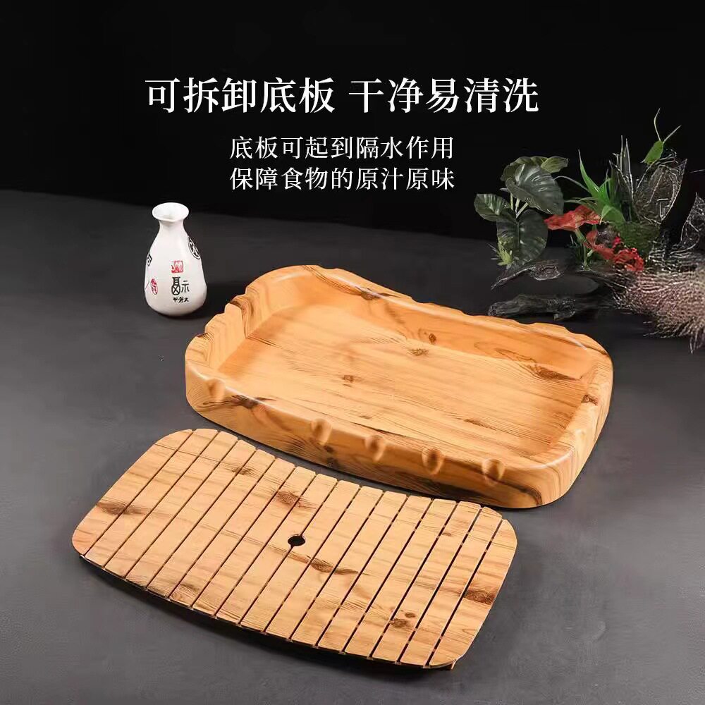 塑料方形寿司盘日式刺身盘仿木纹圆盘料理盘冰盘月牙高档干冰餐具