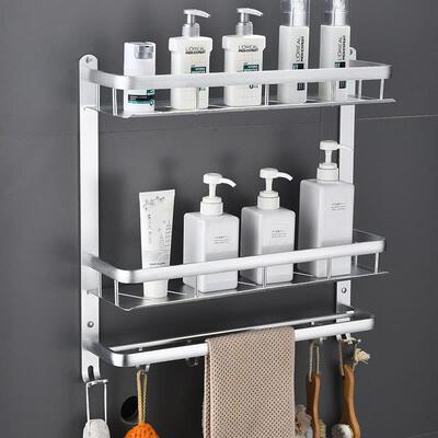 81802G双间浴室多层置卫物架毛巾生架带钩收纳浴巾架沥水托盘收纳