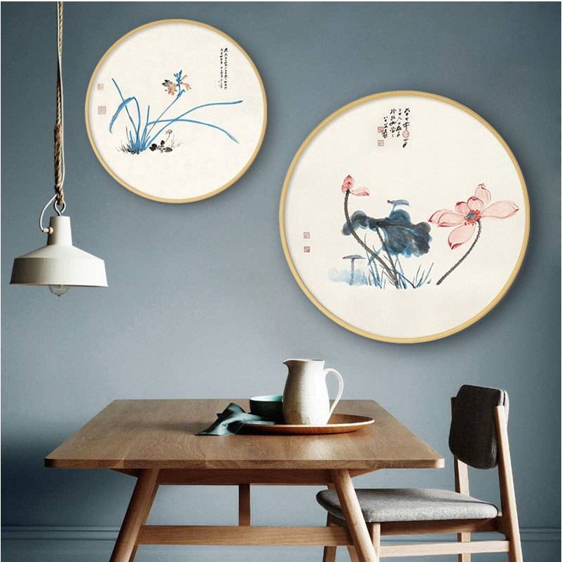 实木圆形 新中式山水画客厅装饰画 玄关水墨国画书房挂画风景壁画图片