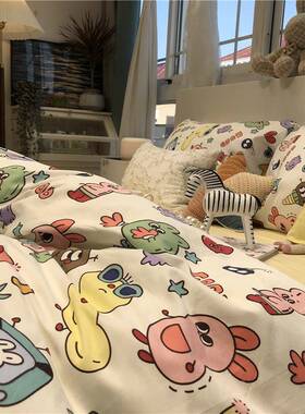 V45田花园风小碎上四件床套纯棉被套蓝色F6T9T8S油画风写意1.5Om