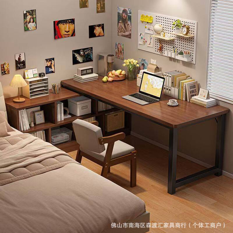 连体书桌柜书架一体学生学习书桌台式电脑桌子办公租房卧室梳妆台