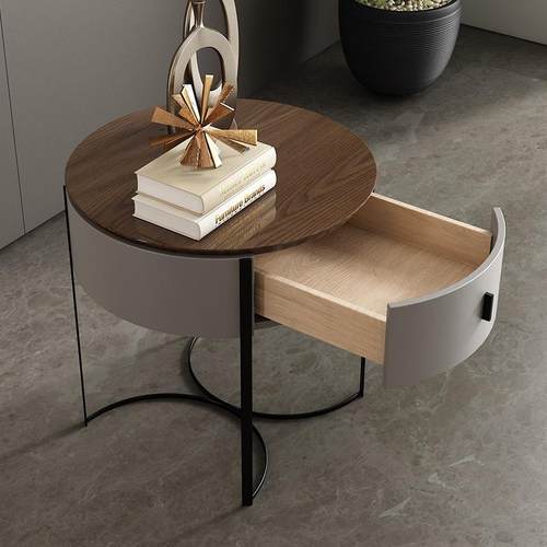 烤漆五金高脚储物柜极简圆形实木现代简约胡桃木床头柜北欧边柜