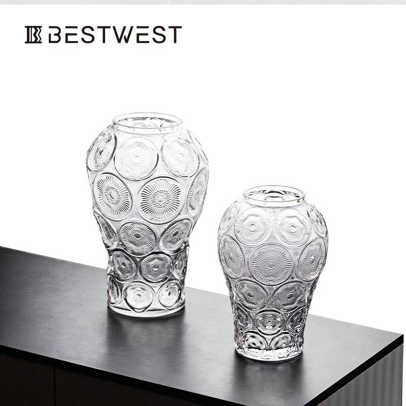 Best west 简约圆形纹路透明水培玻璃花瓶摆件家居客厅装饰品花器