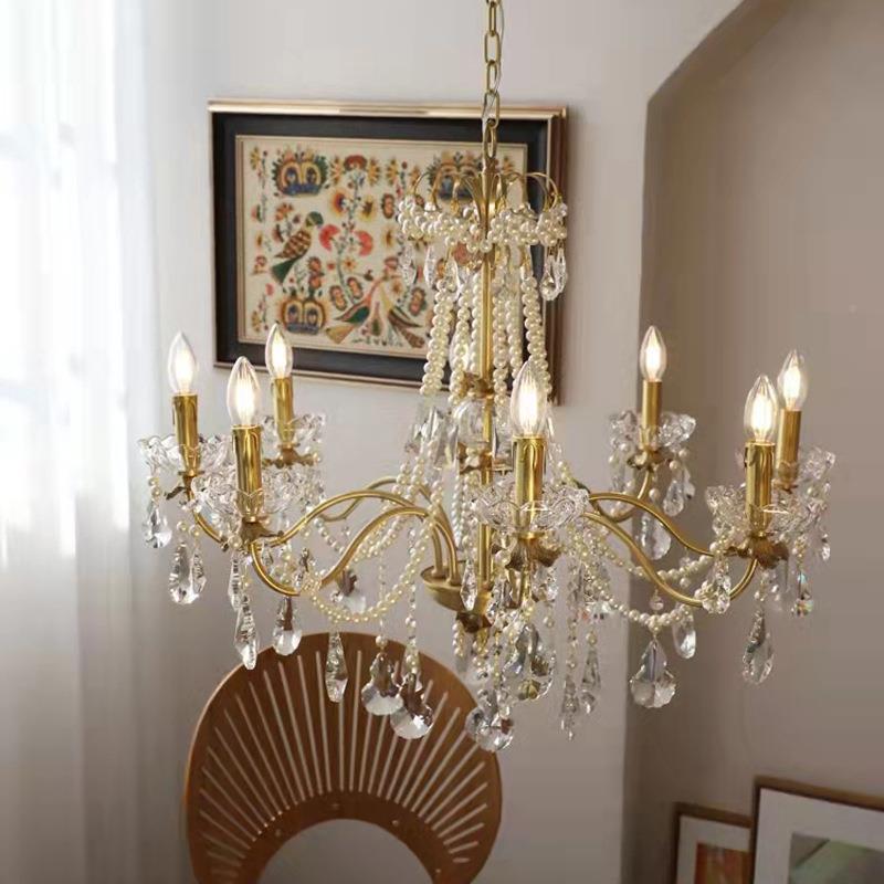 法式复古全衣铜间吊灯水晶珍珠浪漫式欧美式别墅客厅餐X126厅帽蜡