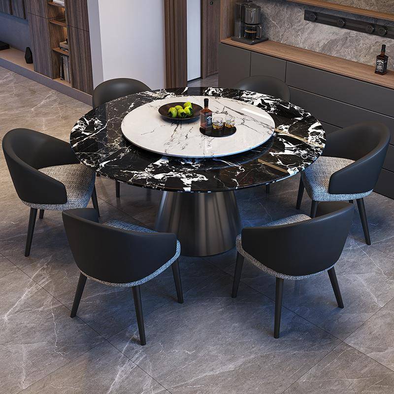 黑奢石大理石餐桌圆桌组合CZ0RC宝现简约代小户型吃椅圆形桌饭家