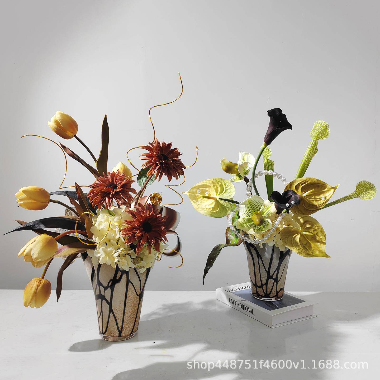 现代仿真花艺轻奢玻璃花器样板间售楼处客厅假花摆件插花餐桌装饰