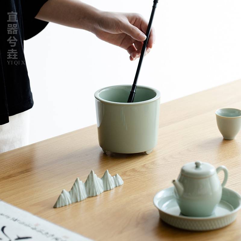 宋青三足茶渣杠大号毛笔洗陶瓷复古水盂装墨汁茶洗建水茶水缸茶盂