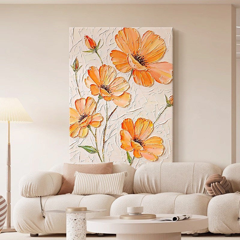 奶油风厚涂肌理风橙色花朵手绘油画客厅装饰壁画餐厅花卉玄关挂画
