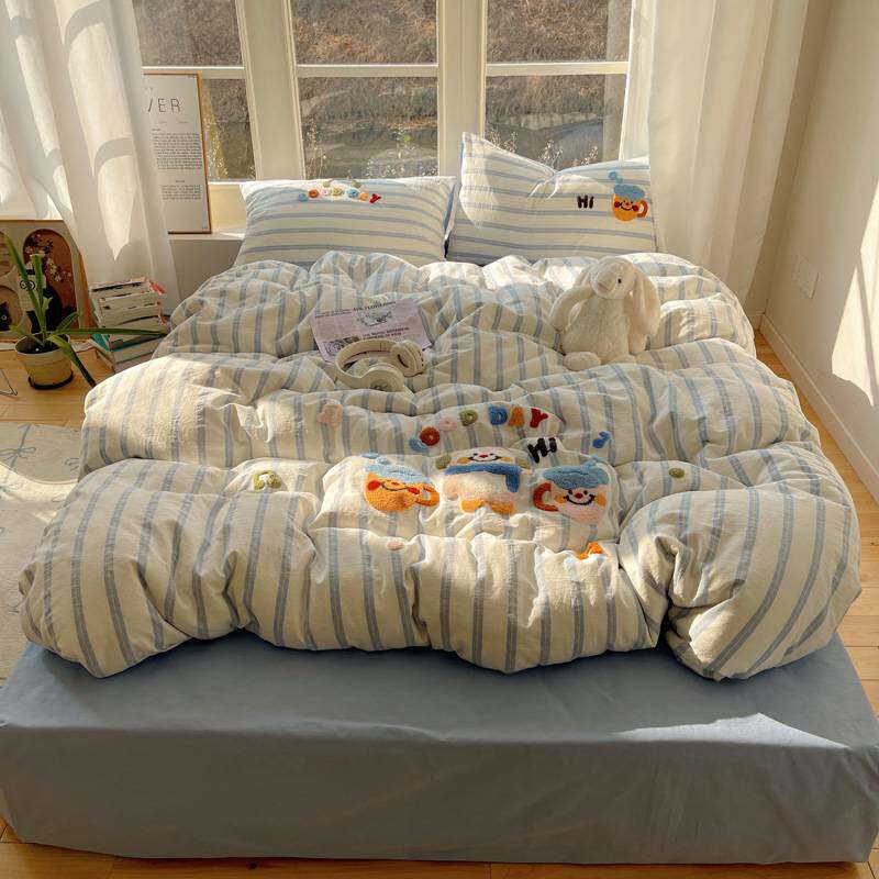 全棉水洗棉床上四件100纯棉毛巾绣被套床单人三件套儿童卡通床品