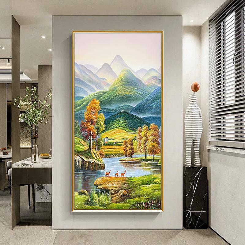 纯手绘油画风景山水巨人山轻奢聚宝盆玄关装饰画竖版走廊过道挂画