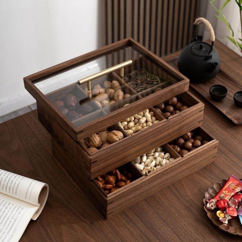 黑胡桃木分格实木干果盒客厅坚果收纳盒大气轻奢密封水果盘新中式