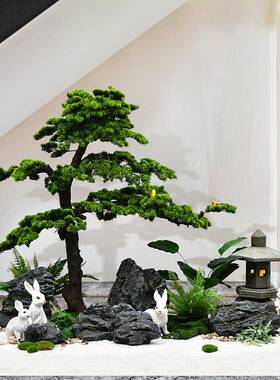 仿真绿植摆件造景玄关迎客松假山石头景观橱窗假树落地高档装饰品