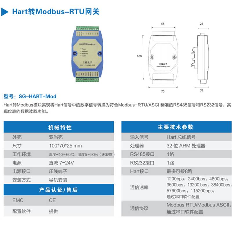 三格电子Hart转Modbus RTU网关标准RS485/232信号智能协议转换器