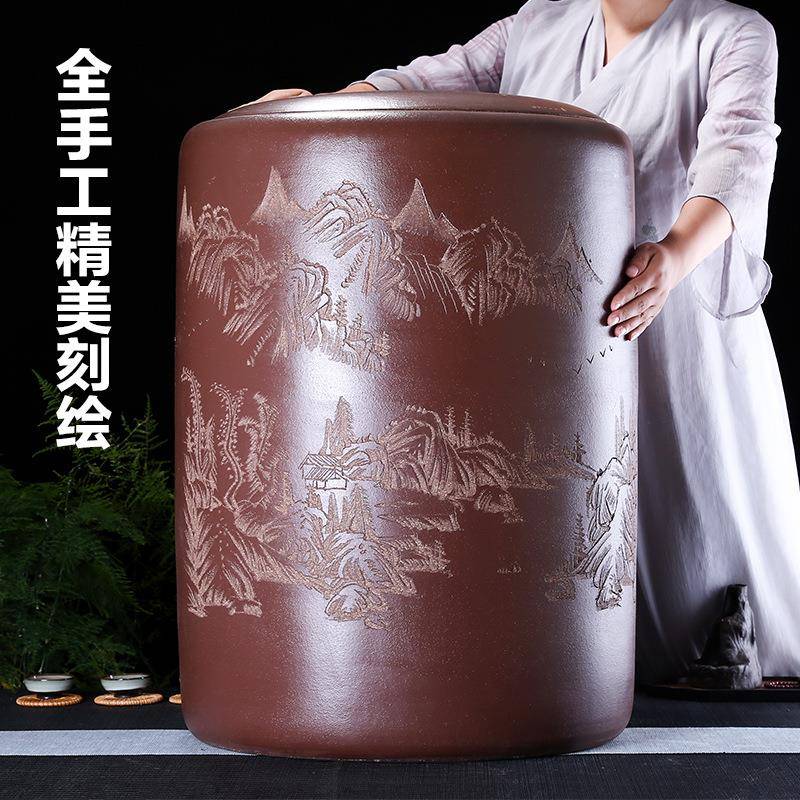 特大号55斤装茶缸全手工刻绘山水普洱缸宜兴紫砂茶具4379