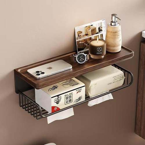 胡桃木纸巾盒洗手间免打孔置物架浴室厕所壁挂式墙上抽纸收纳挂架