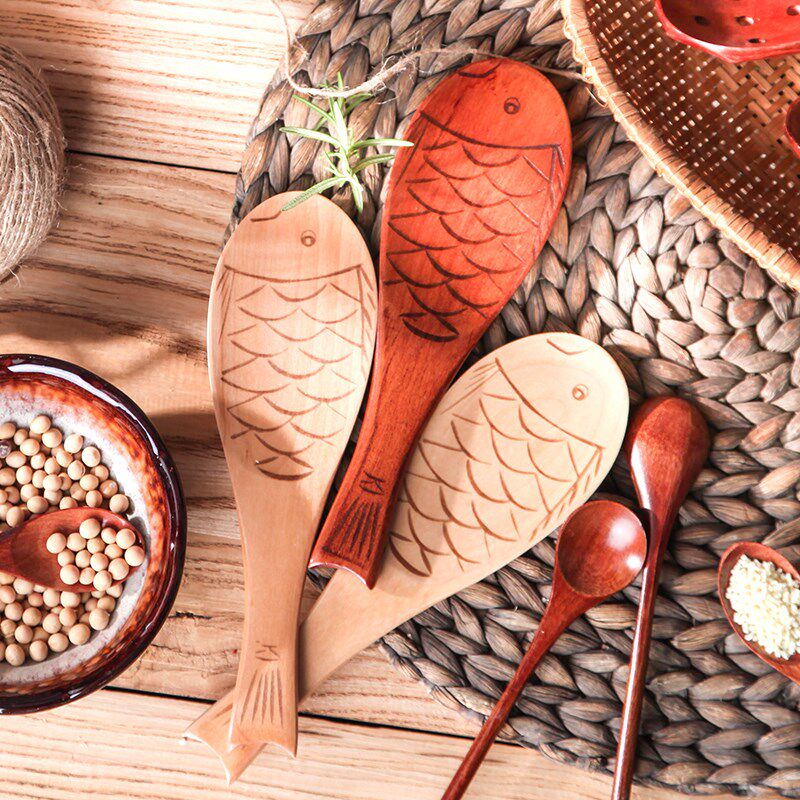 日式创意鱼形饭木勺木制盛饭饭勺木头勺子家用厨房实木盛饭打饭铲