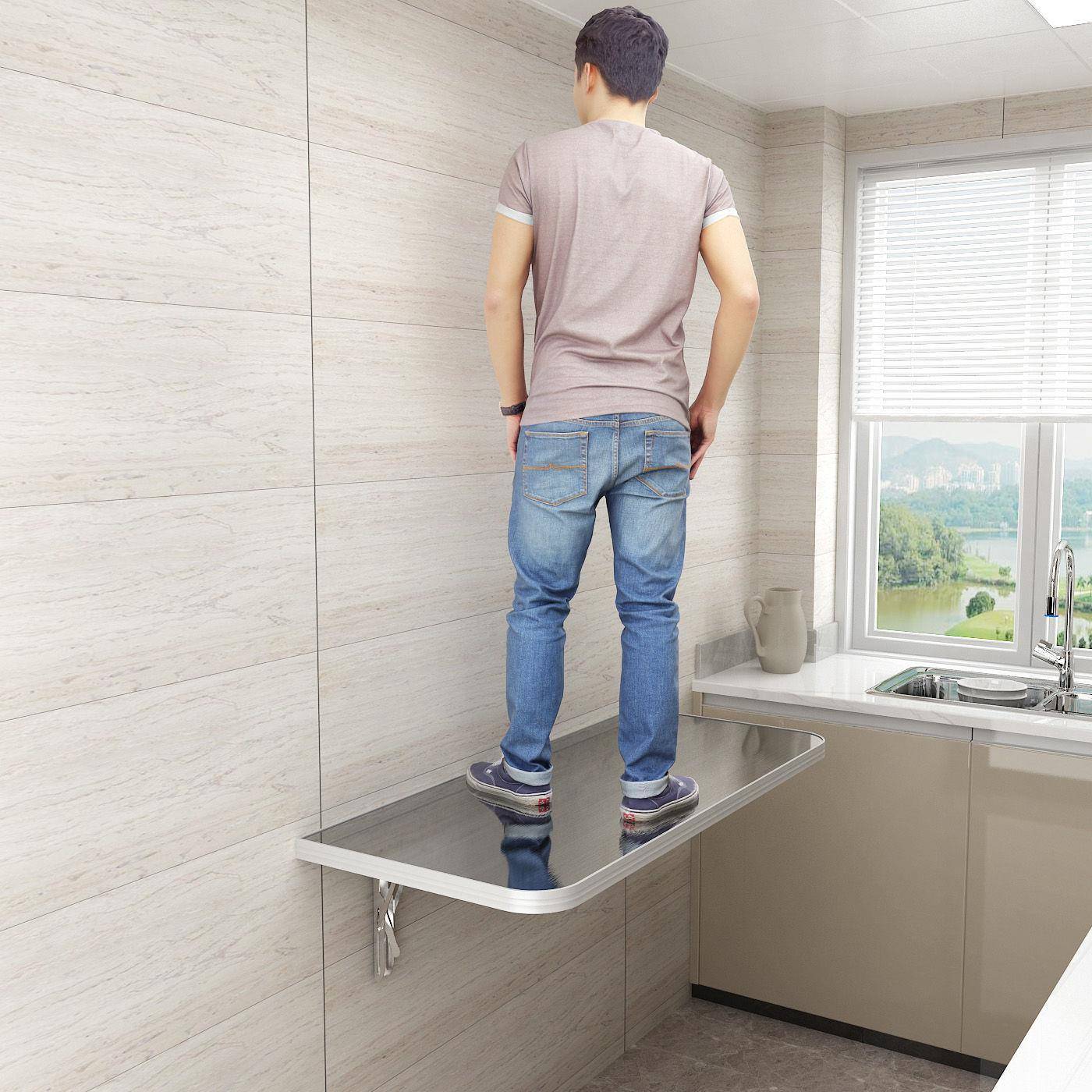 折叠餐桌隐形工作台家用免打孔挂墙桌304不锈钢折叠桌壁挂厨房