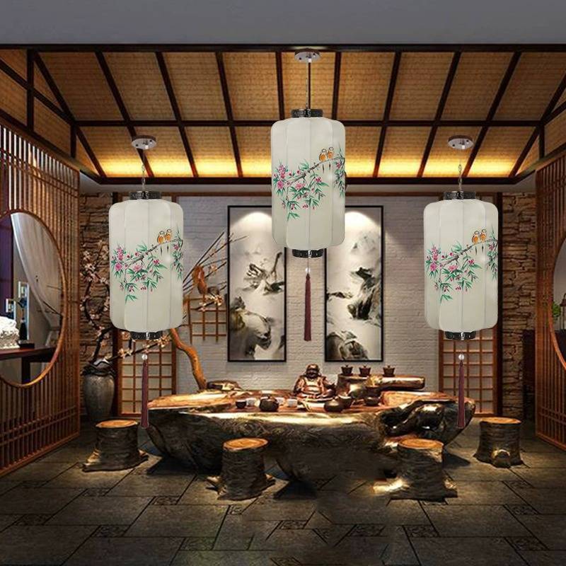 中式布艺手绘灯笼仿古典宫灯餐厅茶楼过道创意冬瓜长形布艺吊灯具