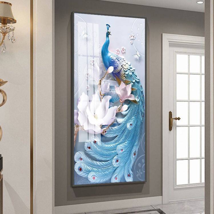 现代简约动物挂画 酒店走廊镶钻钻石孔雀挂画玄关过道晶瓷壁画