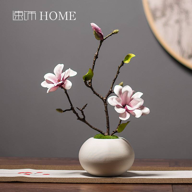 新中式花艺套装客厅装饰插花茶几玄关假花梅花玉兰花禅意摆件