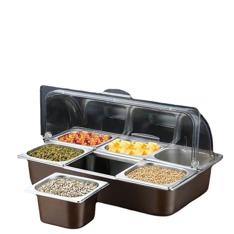 荆允冰粉水果捞配料盒透明翻盖摆摊不锈钢盆双层保鲜保温防尘罩透