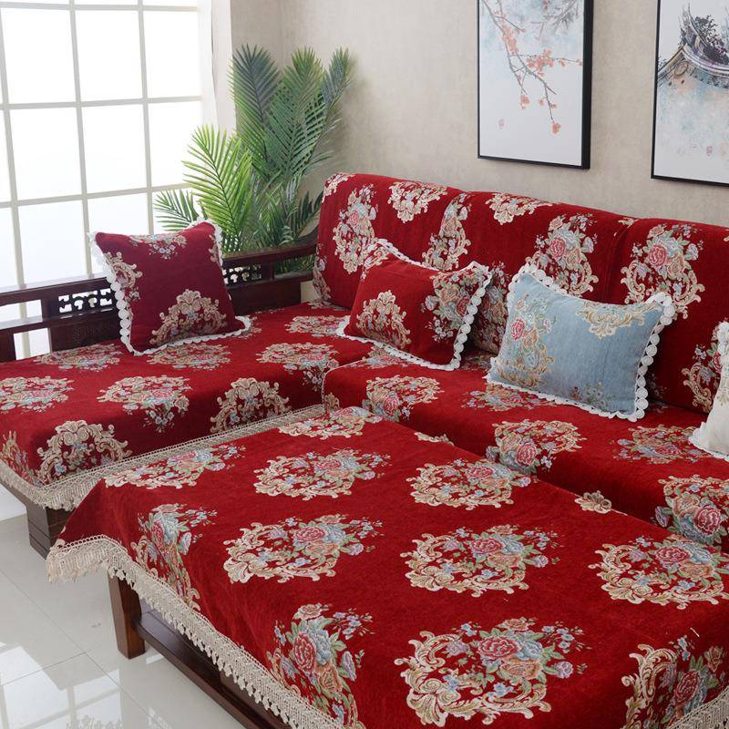 中式沙发垫四季通用防滑雪尼尔沙发套实木花色沙发坐垫全包沙发罩