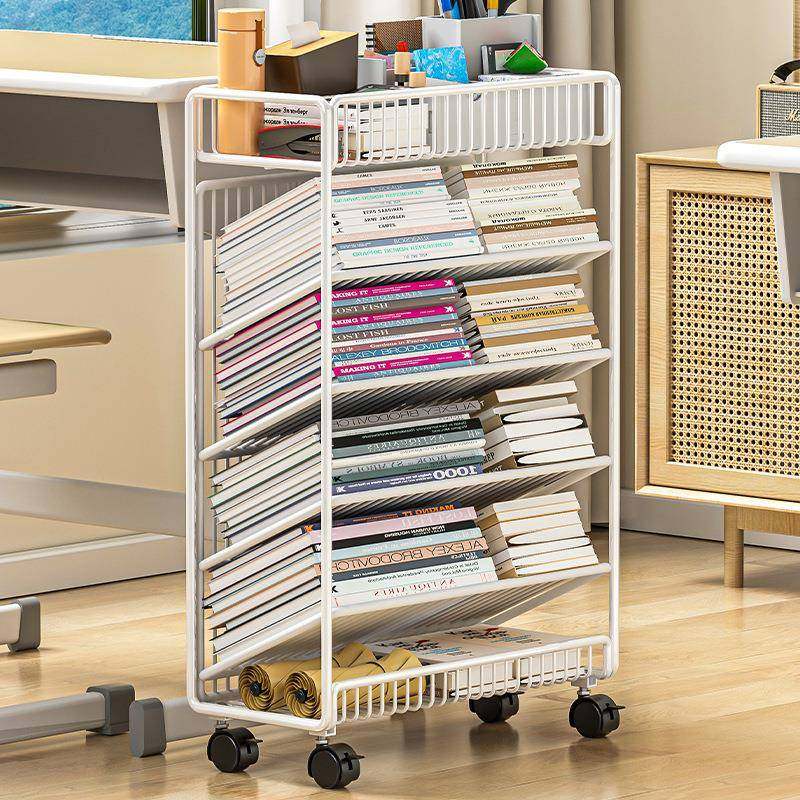 可移动书架桌边落地收纳架课桌旁小学生学习书本带轮置物架